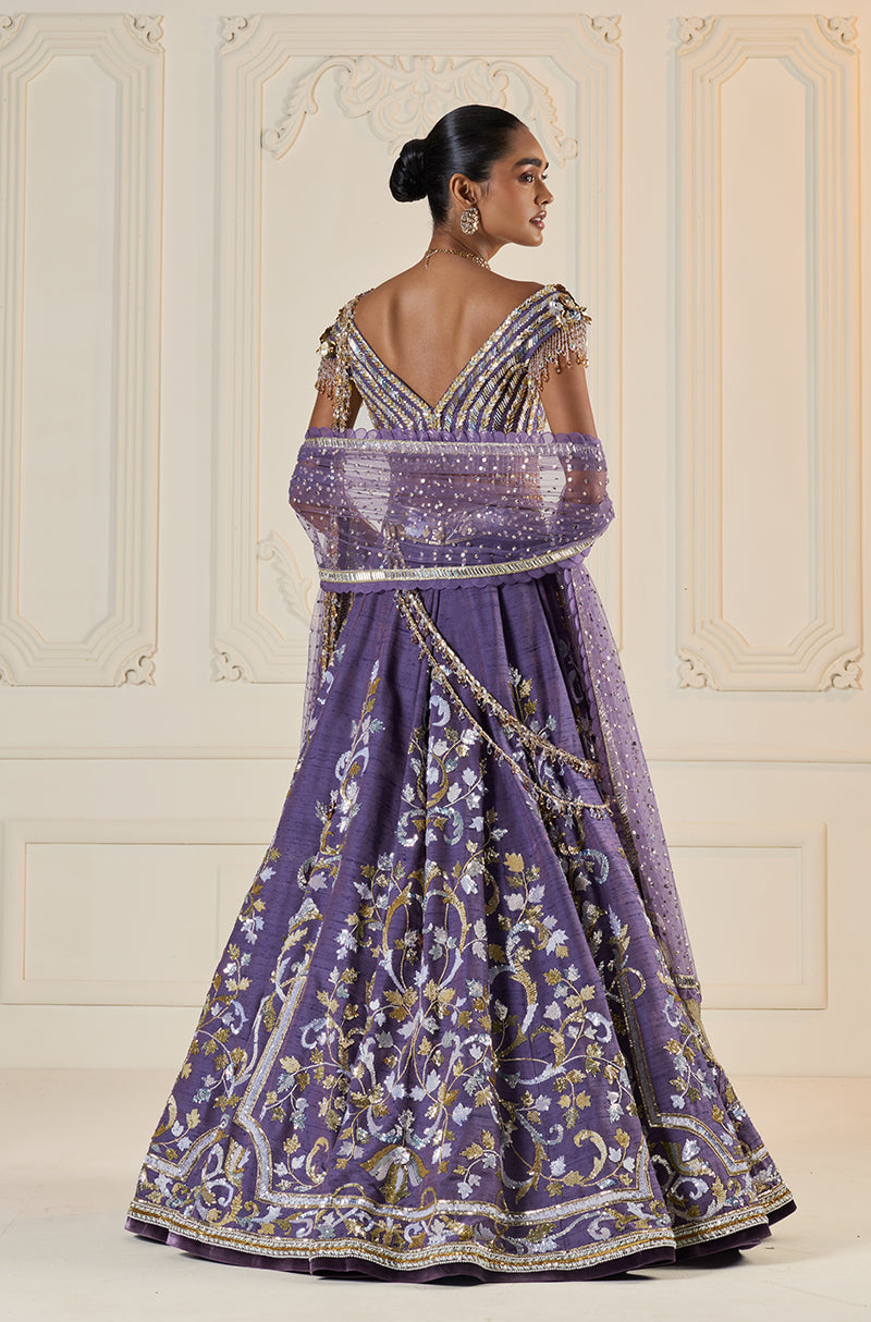 Violet Rawsilk With Metal Sequin Embroidered Jaal Lehenga Set