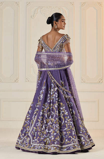 Violet Rawsilk With Metal Sequin Embroidered Jaal Lehenga Set