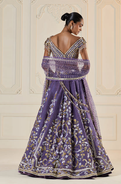 Violet Rawsilk With Metal Sequin Embroidered Jaal Lehenga Set