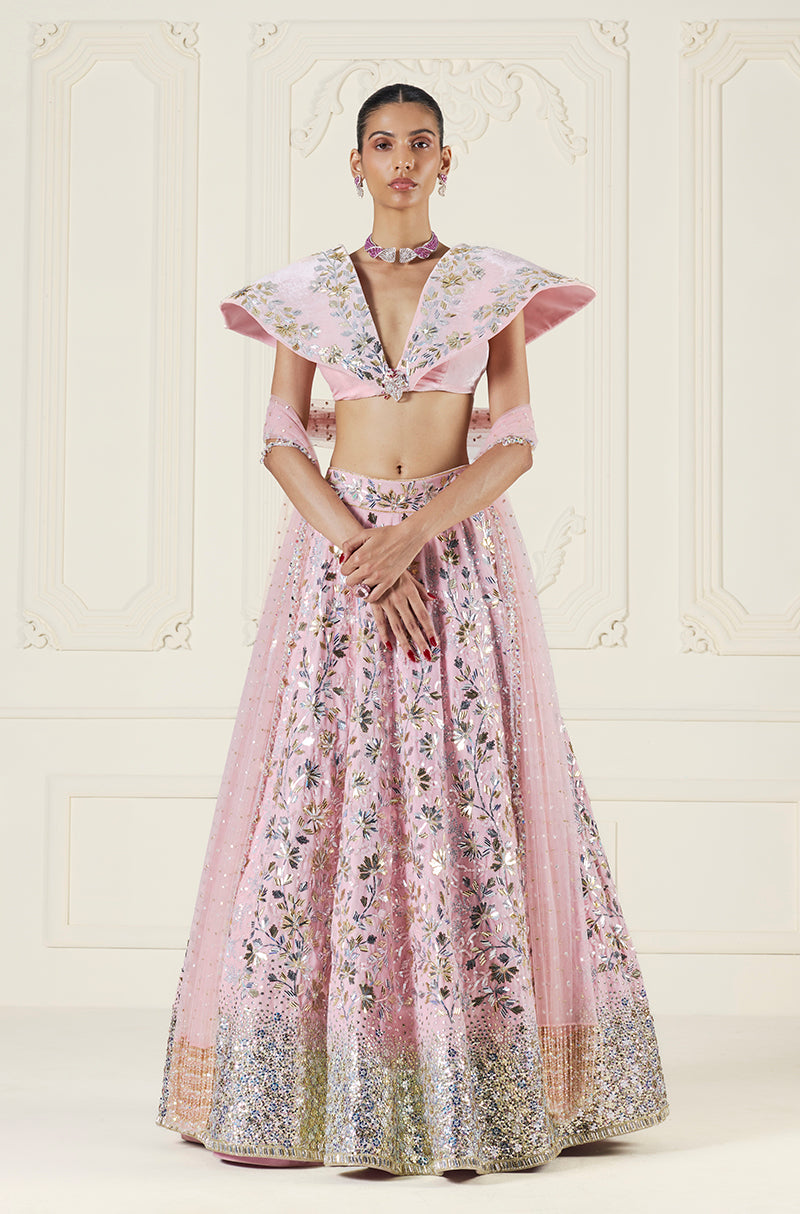 Baby Pink Velvet Floral Taban Jaal Embroidered Lehenga Set