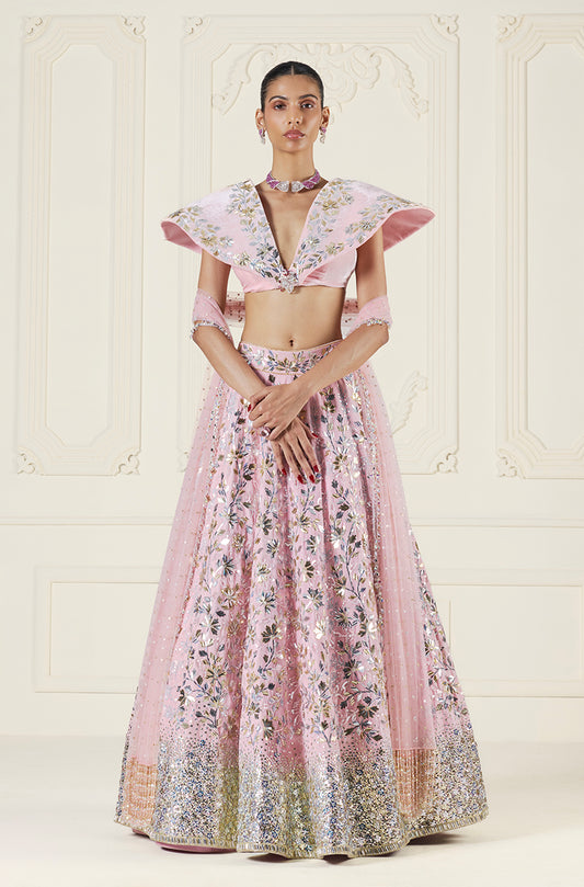 Baby Pink Velvet Floral Taban Jaal Embroidered Lehenga Set