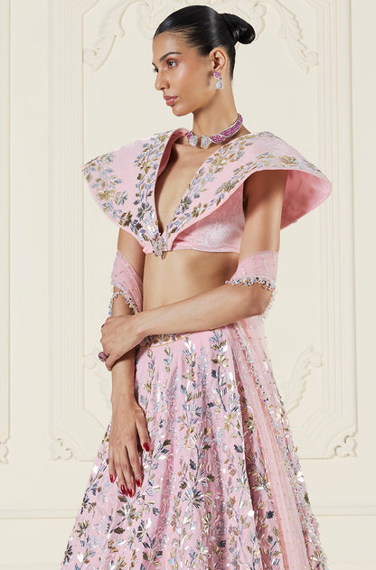 Baby Pink Velvet Floral Taban Jaal Embroidered Lehenga Set