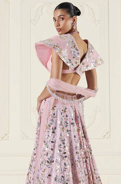 Baby Pink Velvet Floral Taban Jaal Embroidered Lehenga Set