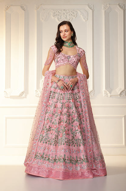 Pink & Green Organza Floral Embroidered Lehenga Set