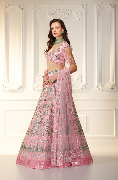 Pink & Green Organza Floral Embroidered Lehenga Set