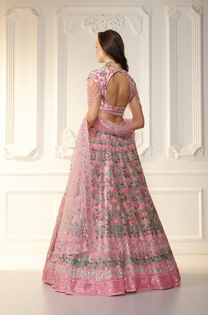 Pink & Green Organza Floral Embroidered Lehenga Set