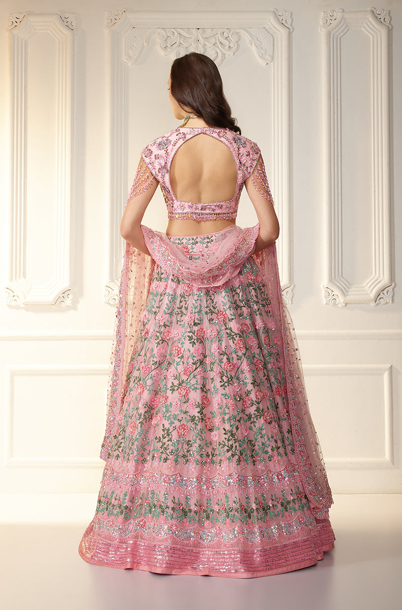 Pink & Green Organza Floral Embroidered Lehenga Set