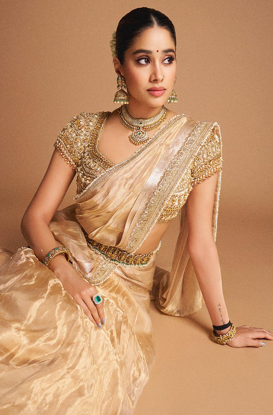 Janhvi Kapoor in our Gold  Handwoven Tissue Lehenga Set