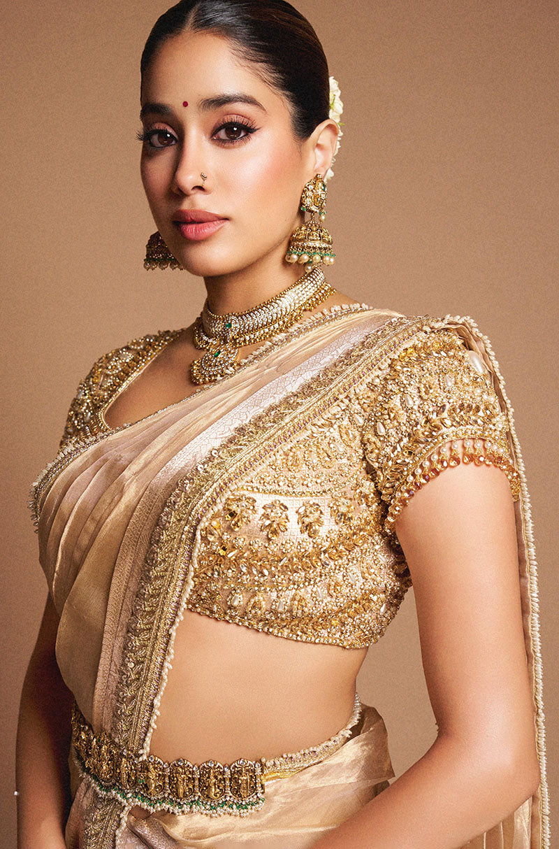 Janhvi Kapoor in our Gold  Handwoven Tissue Lehenga Set