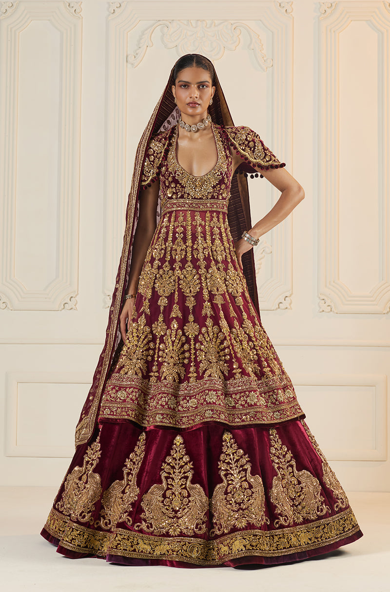 Maroon Velvet Peacock Motif Embroidered Lehenga Set