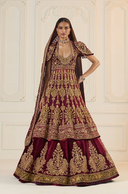 Maroon Velvet Peacock Motif Embroidered Lehenga Set