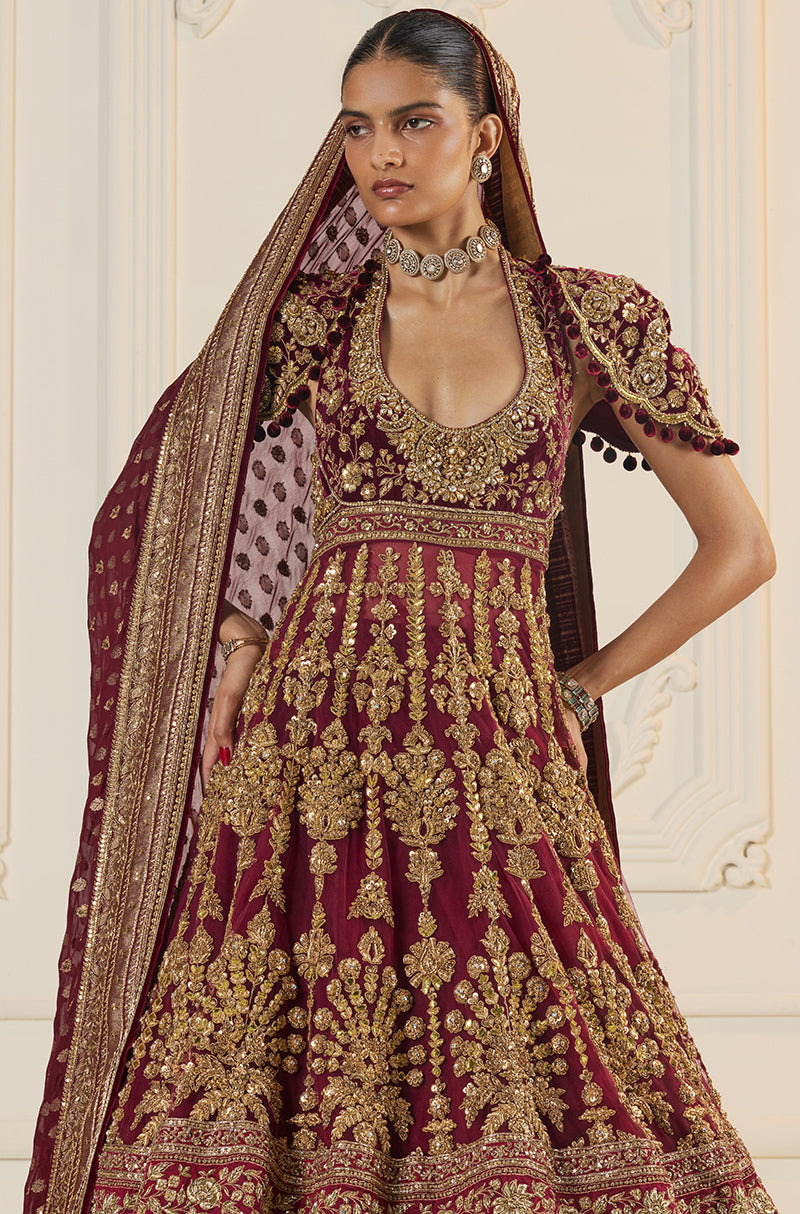 Maroon Velvet Peacock Motif Embroidered Lehenga Set