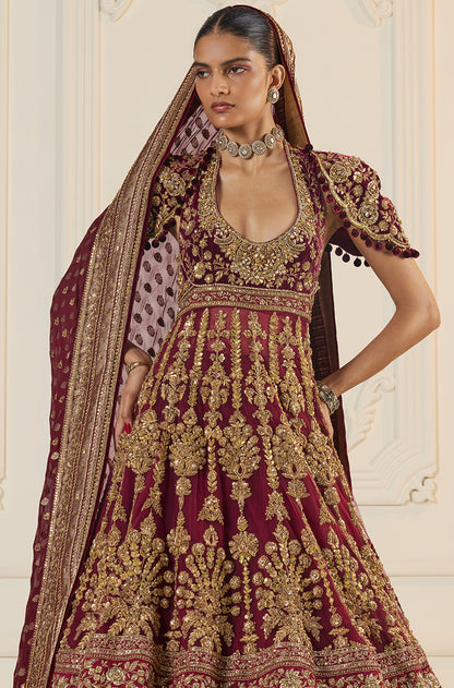 Maroon Velvet Peacock Motif Embroidered Lehenga Set