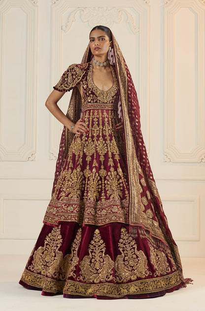 Maroon Velvet Peacock Motif Embroidered Lehenga Set