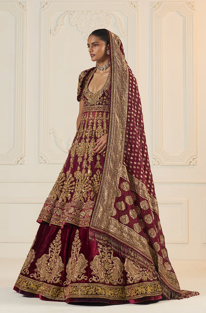 Maroon Velvet Peacock Motif Embroidered Lehenga Set