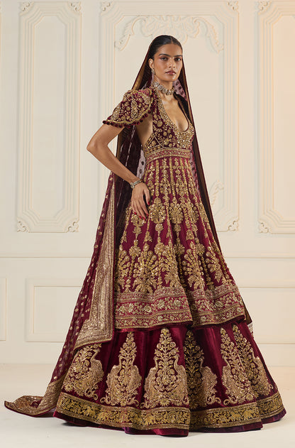 Maroon Velvet Peacock Motif Embroidered Lehenga Set