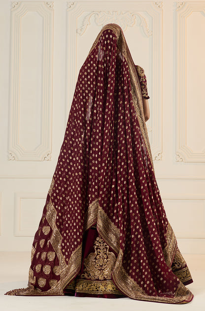 Maroon Velvet Peacock Motif Embroidered Lehenga Set