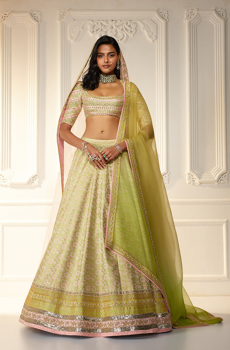 Lime Green Brocade Lehenga Set