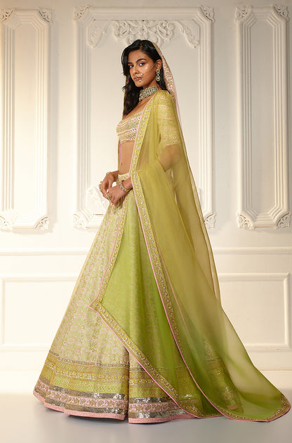 Lime Green Brocade Lehenga Set