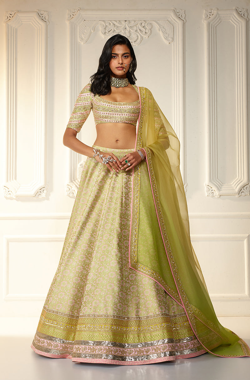 Lime Green Brocade Lehenga Set
