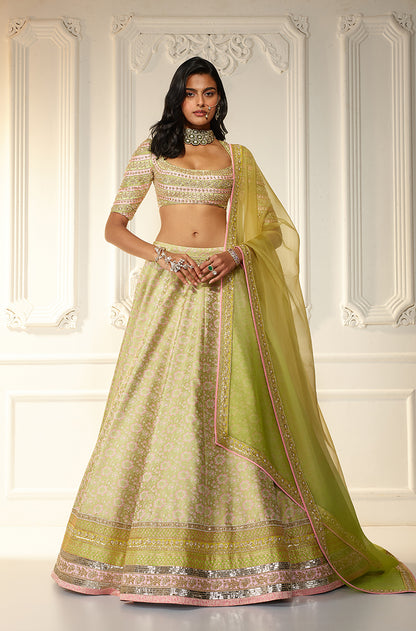 Lime Green Brocade Lehenga Set