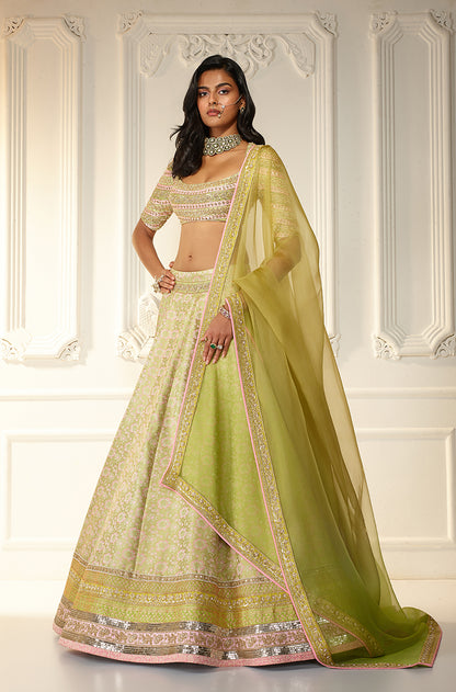Lime Green Brocade Lehenga Set