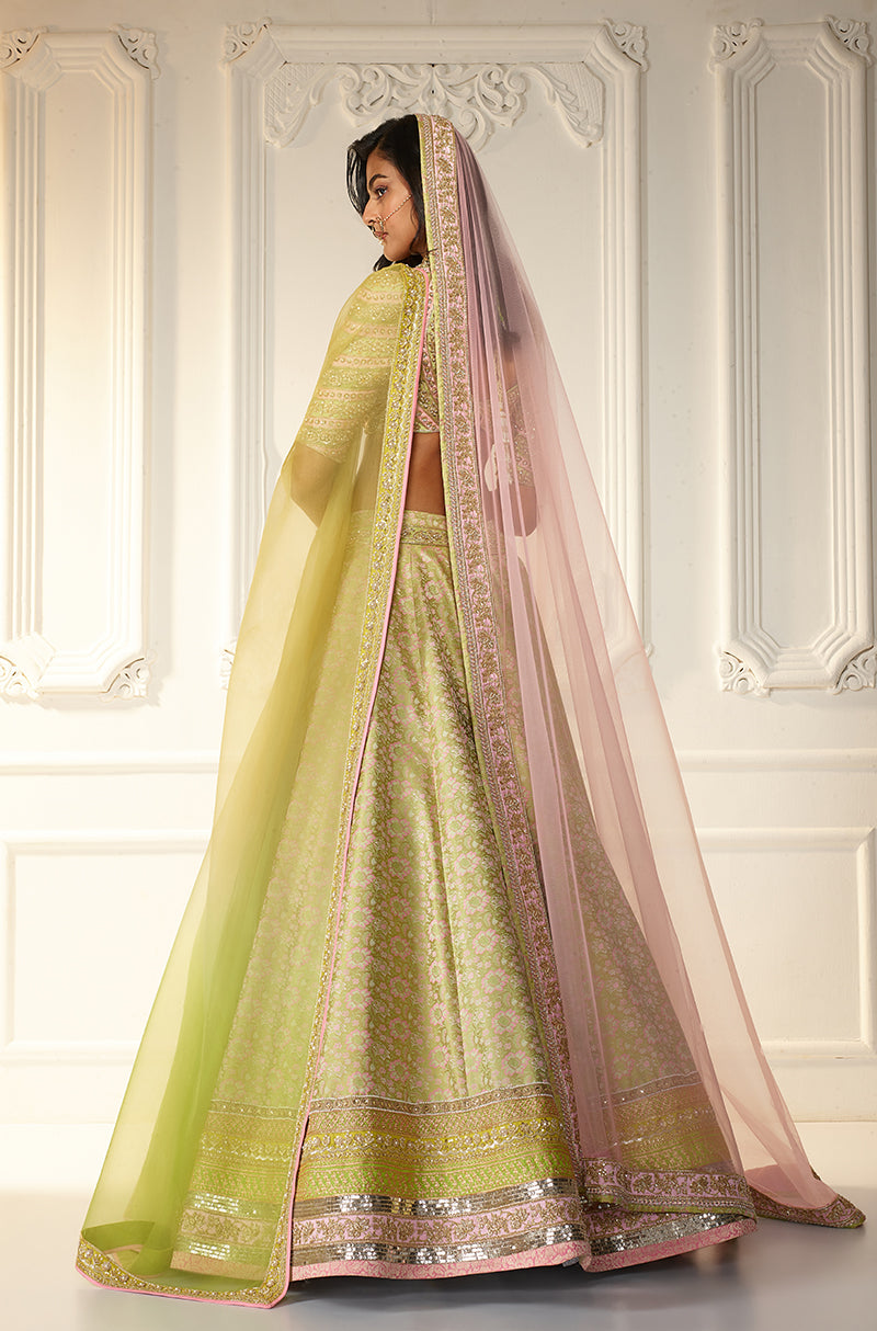 Lime Green Brocade Lehenga Set