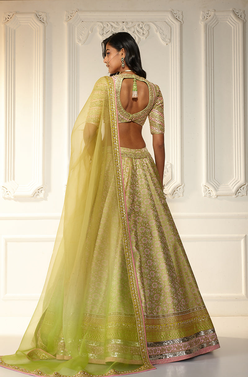Lime Green Brocade Lehenga Set