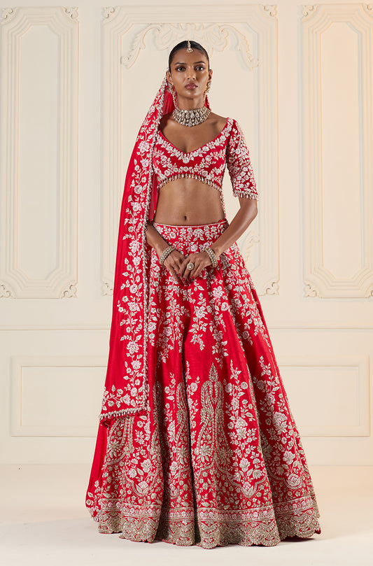Red Paisley & Ivory Floral Embroidered Lehenga Set