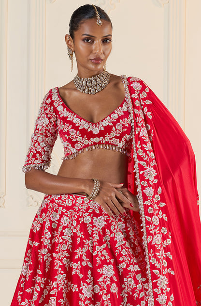 Red Paisley & Ivory Floral Embroidered Lehenga Set