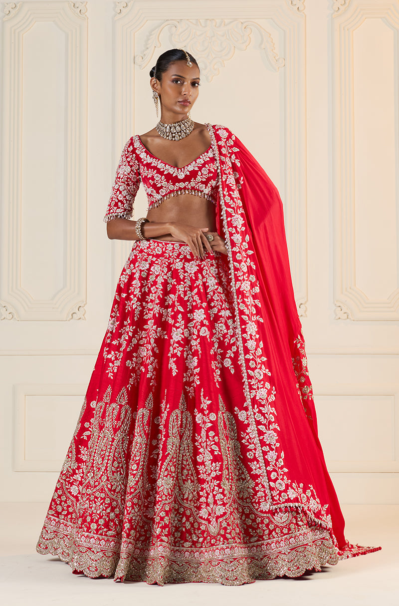 Red Paisley & Ivory Floral Embroidered Lehenga Set