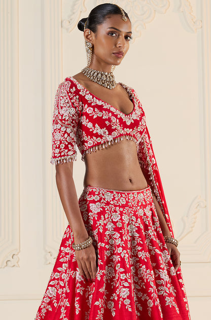 Red Paisley & Ivory Floral Embroidered Lehenga Set