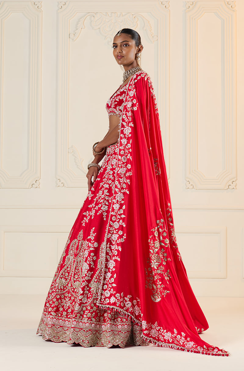 Red Paisley & Ivory Floral Embroidered Lehenga Set