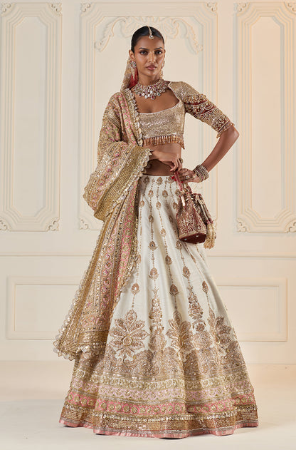 Ivory Raw Silk With Gold Zardozi Embroidered Lehenga Set