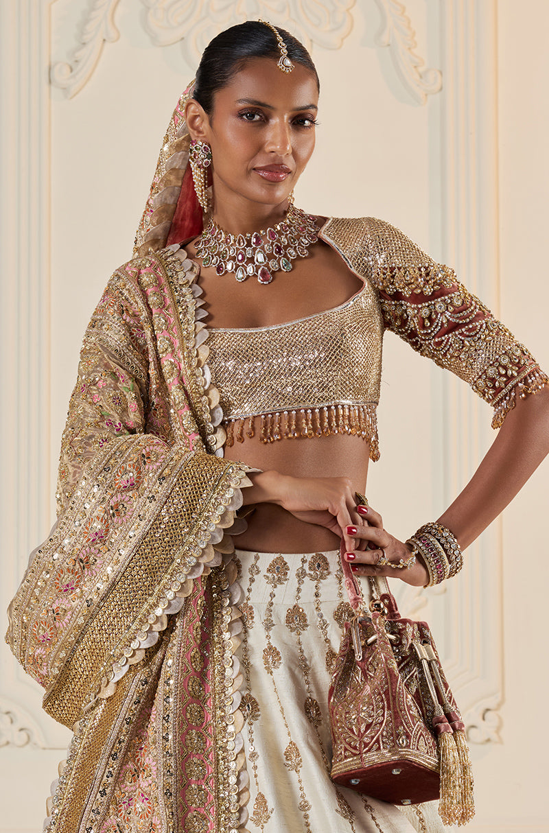 Ivory Raw Silk With Gold Zardozi Embroidered Lehenga Set