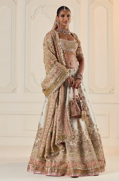 Ivory Raw Silk With Gold Zardozi Embroidered Lehenga Set