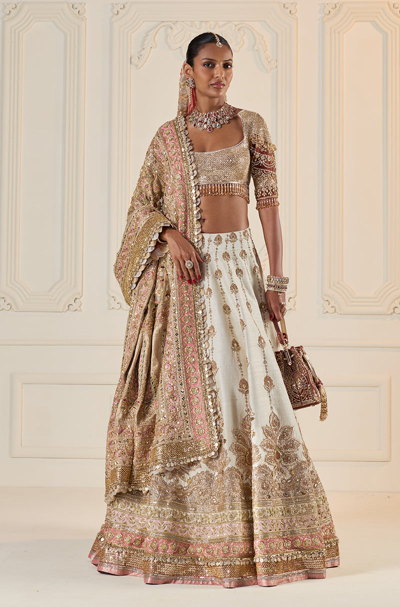 Ivory Raw Silk With Gold Zardozi Embroidered Lehenga Set