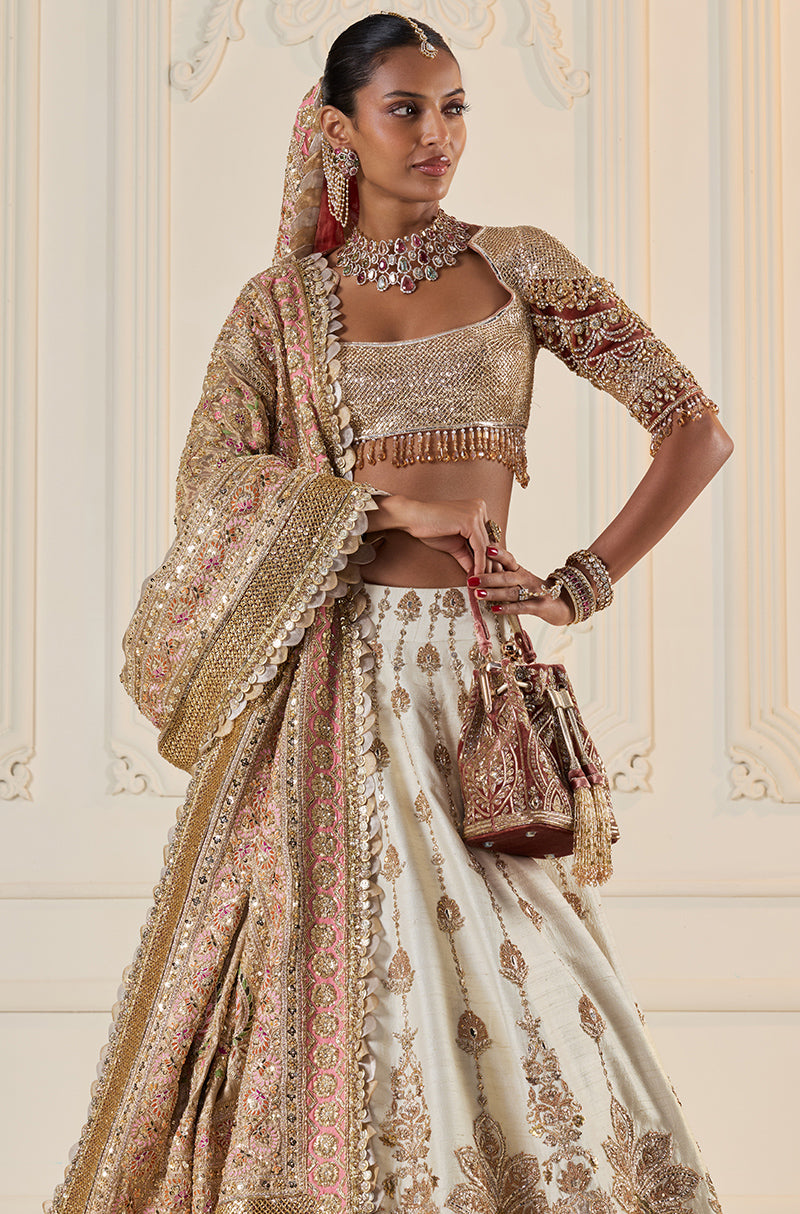 Ivory Raw Silk With Gold Zardozi Embroidered Lehenga Set