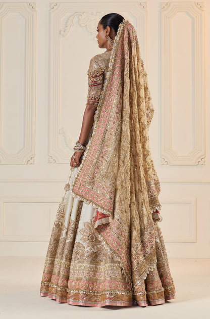Ivory Raw Silk With Gold Zardozi Embroidered Lehenga Set