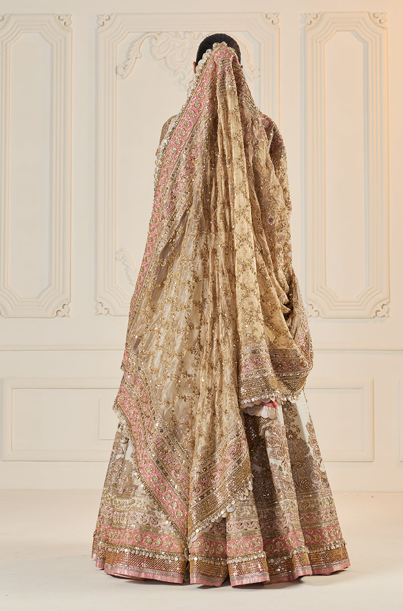Ivory Raw Silk With Gold Zardozi Embroidered Lehenga Set
