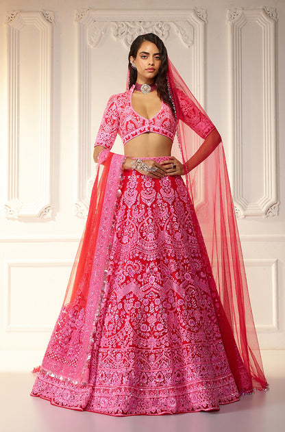 Red With Pink Chikankari Mijwan Embroidered Lehenga Set