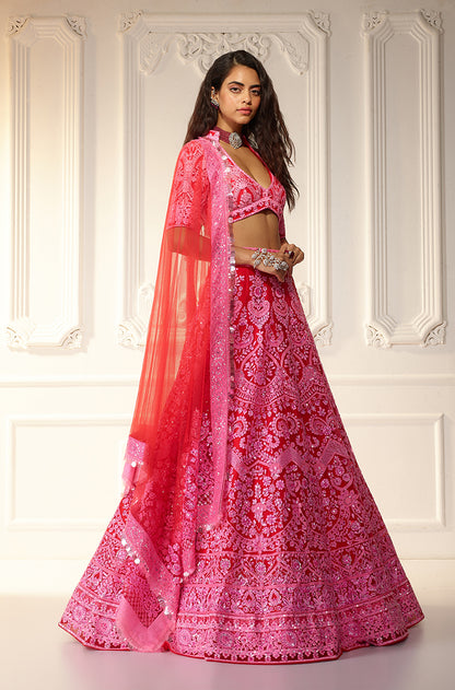 Red With Pink Chikankari Mijwan Embroidered Lehenga Set