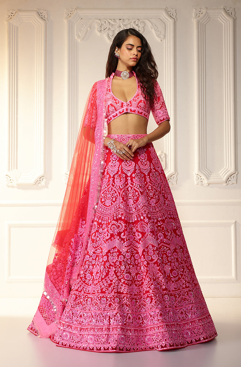 Red With Pink Chikankari Mijwan Embroidered Lehenga Set