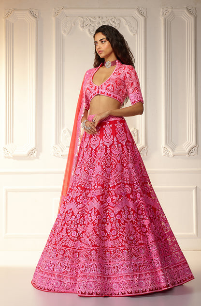Red With Pink Chikankari Mijwan Embroidered Lehenga Set