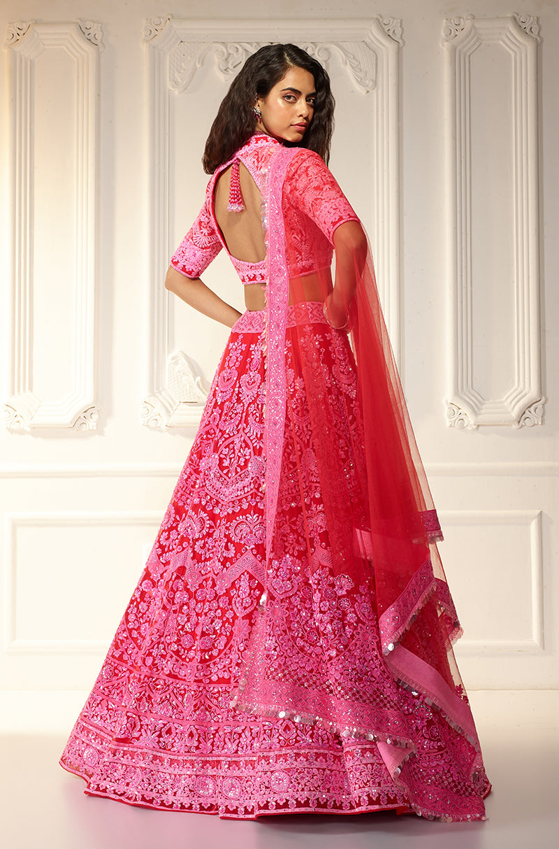 Red With Pink Chikankari Mijwan Embroidered Lehenga Set
