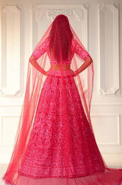 Red With Pink Chikankari Mijwan Embroidered Lehenga Set