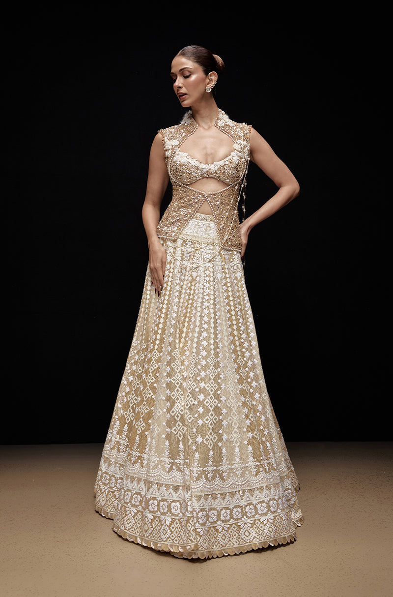 Shades Of Gold Sequin Mijwan Linear Diamond Lines Lehenga Set