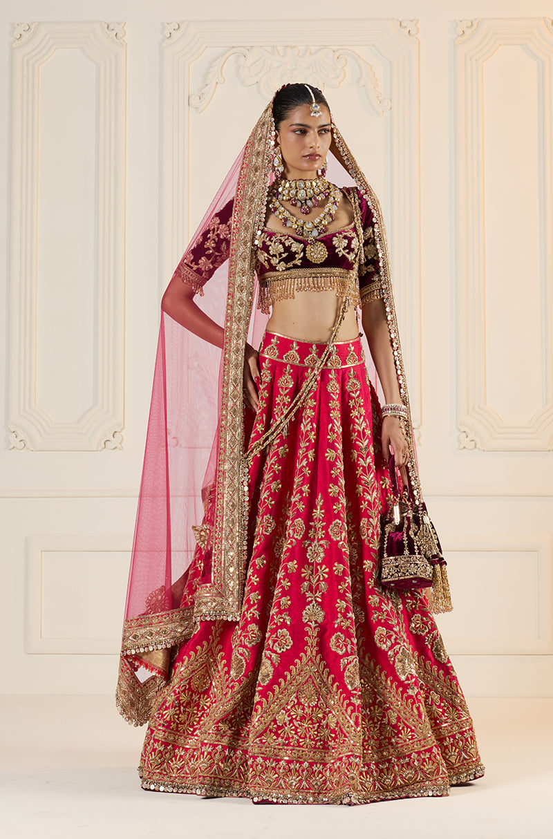 Red With Gold Zardozi Embroidered Lehenga Set
