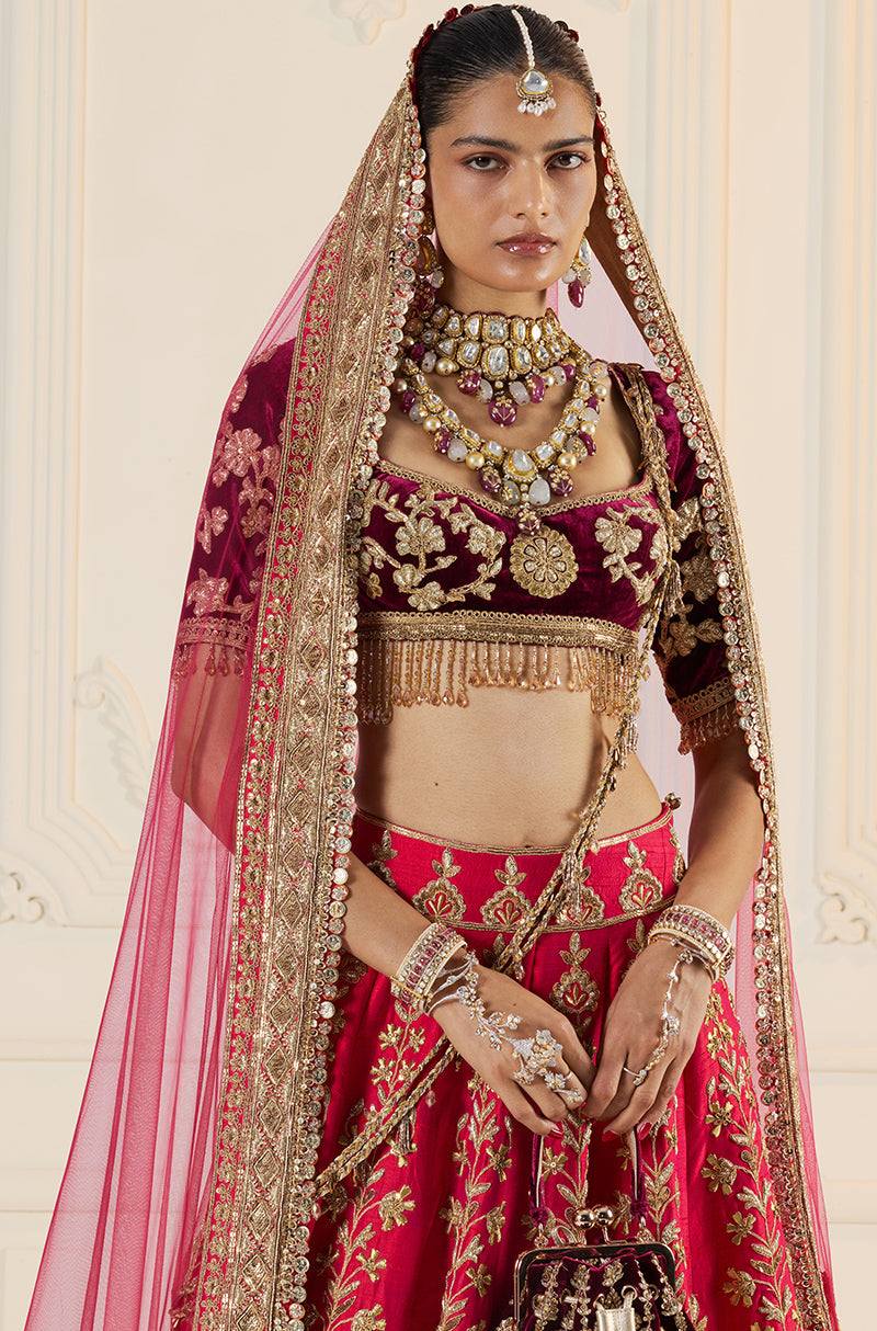 Red With Gold Zardozi Embroidered Lehenga Set