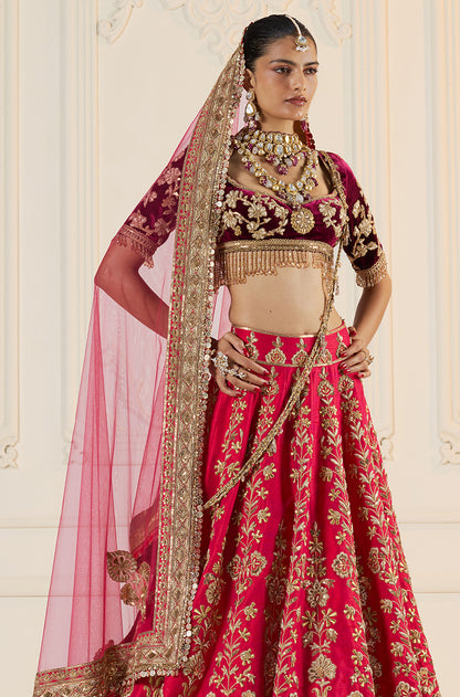 Red With Gold Zardozi Embroidered Lehenga Set
